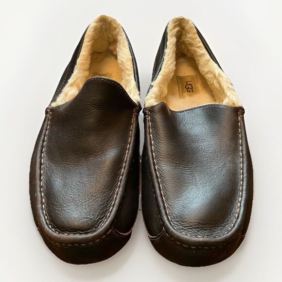 UGG Ascot Slippers Dark Spice Brown Leather House Shoes 5379 Men's Size 11 - Picture 1 of 7